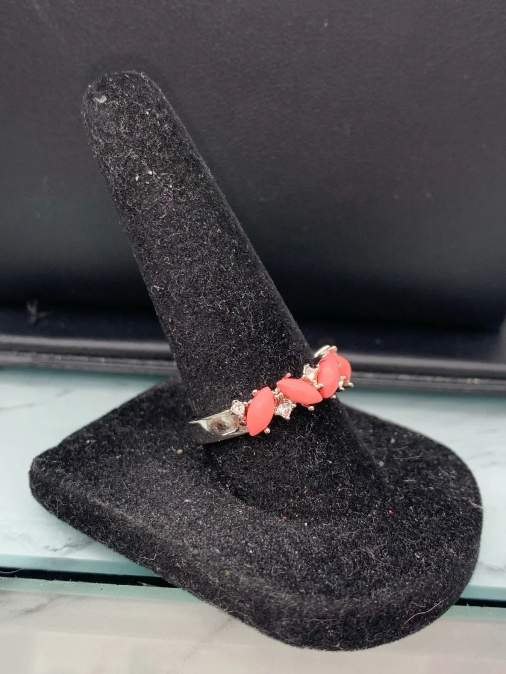 Camille Lucie Silver Tone Ring with Coral Pink Marquise Stones Accent Crystals